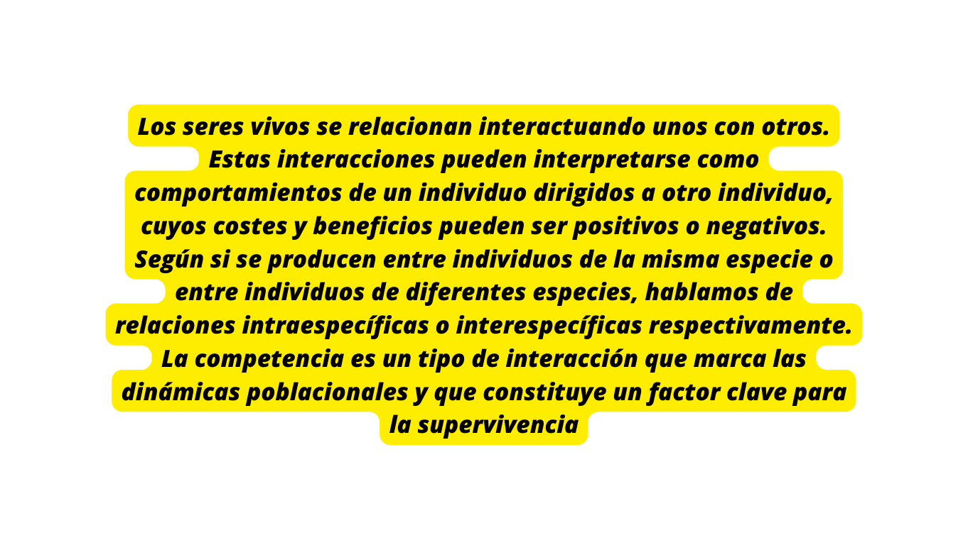 Los seres vivos se relacionan interactuando unos con otros Estas interacciones pueden interpretarse como comportamientos de un individuo dirigidos a otro individuo cuyos costes y beneficios pueden ser positivos o negativos Según si se producen entre individuos de la misma especie o entre individuos de diferentes especies hablamos de relaciones intraespecíficas o interespecíficas respectivamente La competencia es un tipo de interacción que marca las dinámicas poblacionales y que constituye un factor clave para la supervivencia